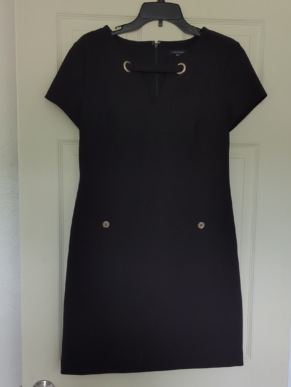 Tommy Hilfiger Black Short-Sleeve Mini Dress with Gold Hardware